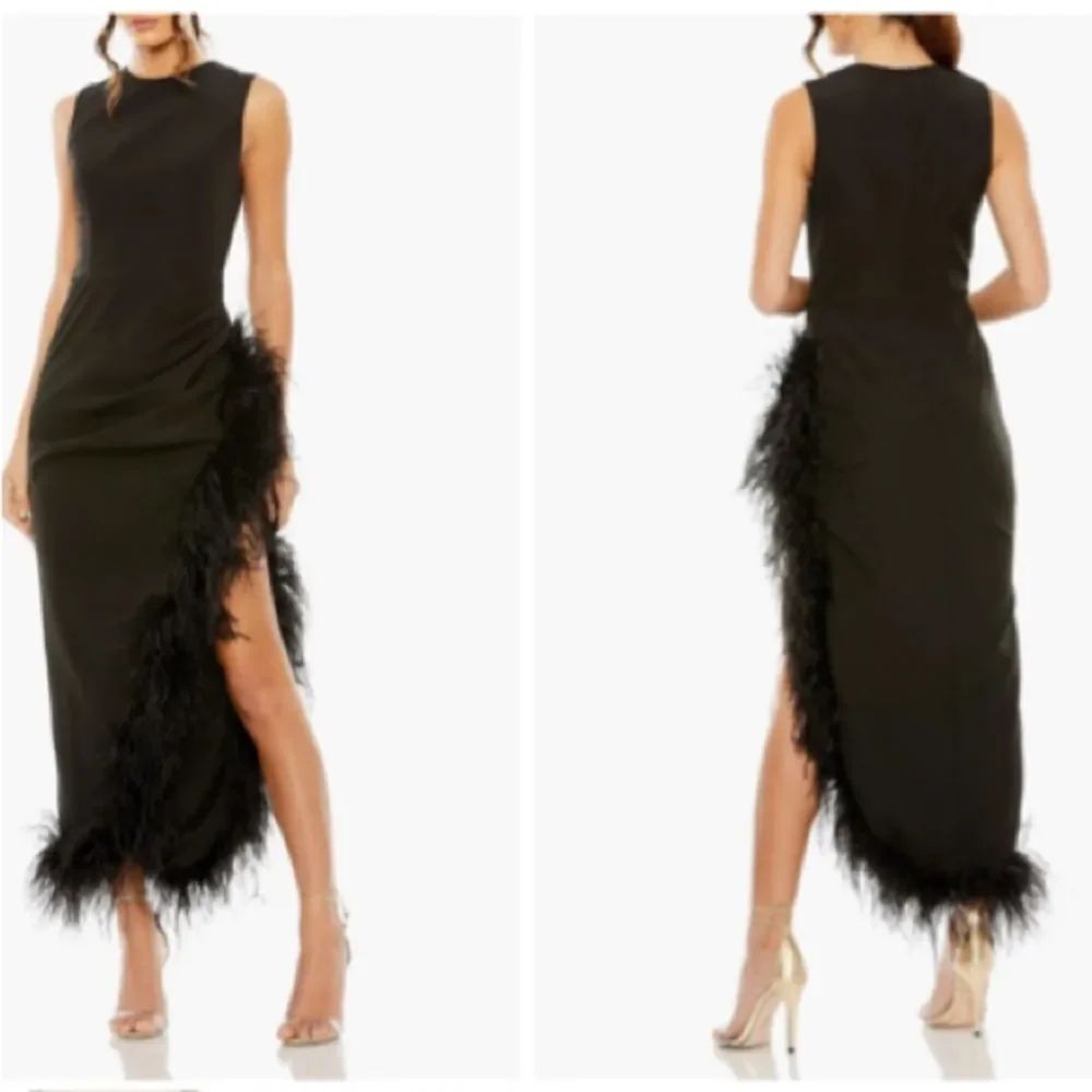 NEW Mac Duggal Black Sleeveless Feather Trim Asymmetric Dress 11626 Size 8